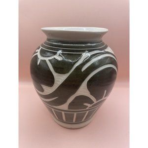 Vintage 6.5" Olive Green & Cream Tiki Pottery SIGNED Vase  1950's Style - Chip